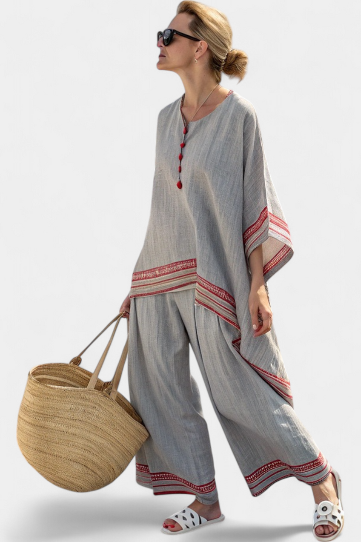 Women’s Asymmetrical Blouse Wide-Leg Pants with Embroidery