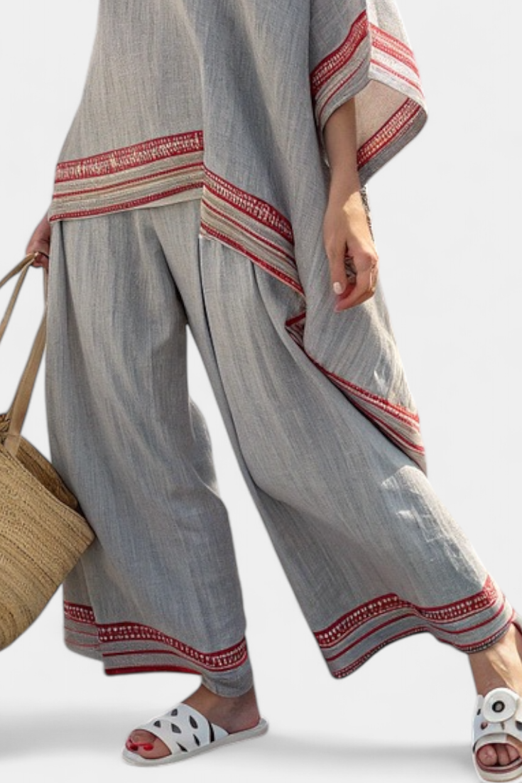 Women’s Asymmetrical Blouse Wide-Leg Pants with Embroidery