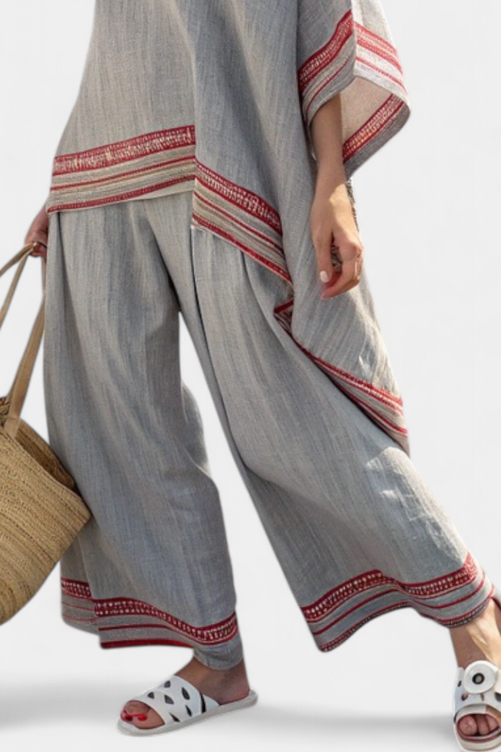 Women’s Asymmetrical Blouse Wide-Leg Pants with Embroidery