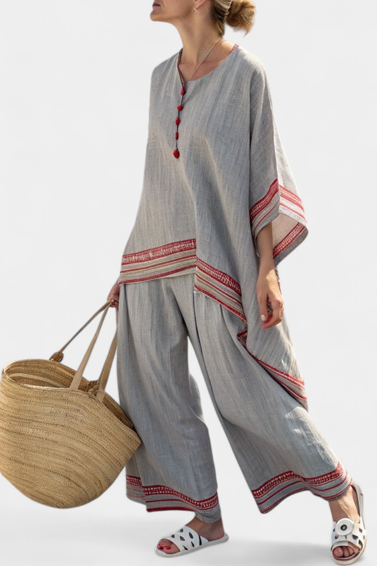 Women’s Asymmetrical Blouse Wide-Leg Pants with Embroidery