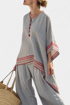 Women’s Asymmetrical Blouse Wide-Leg Pants with Embroidery