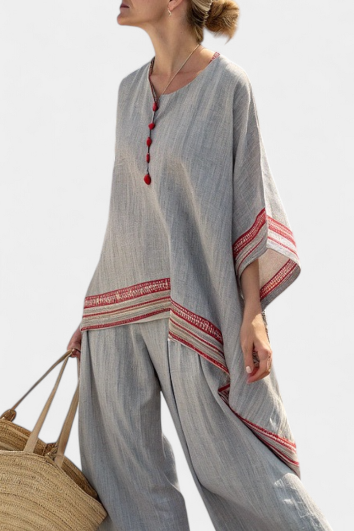 Women’s Asymmetrical Blouse Wide-Leg Pants with Embroidery