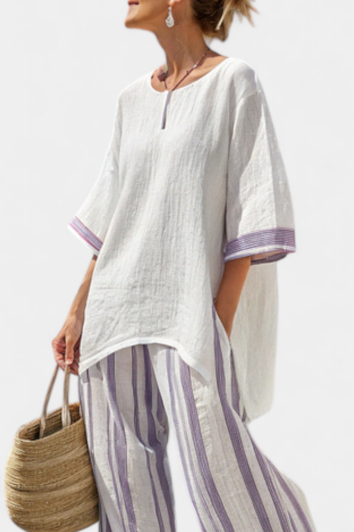 Luxmere | Women’s Relaxed Blouse with Striped Wide-Leg Trousers