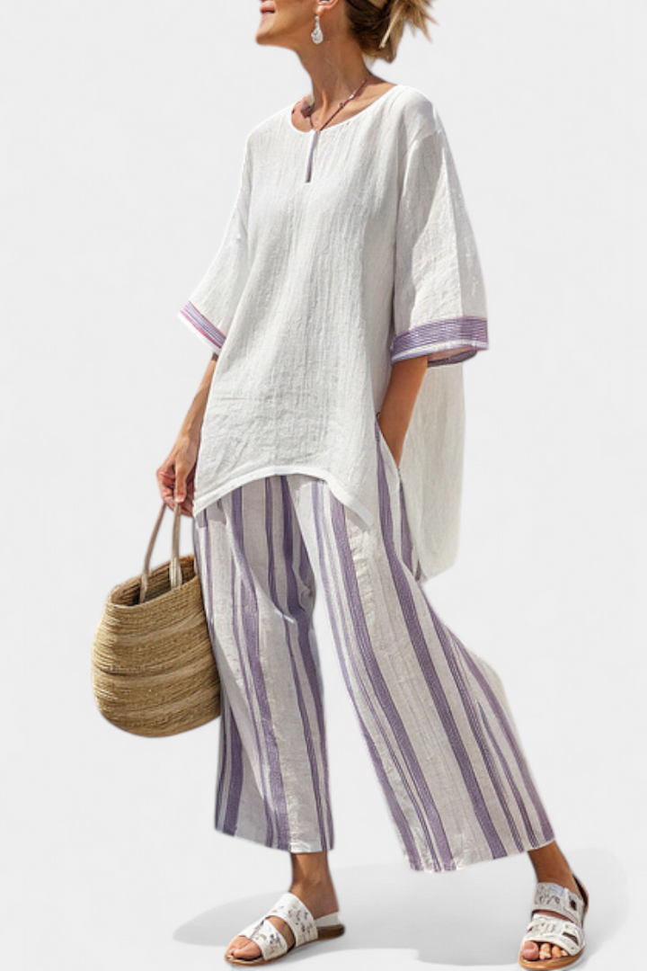 Luxmere | Women’s Relaxed Blouse with Striped Wide-Leg Trousers