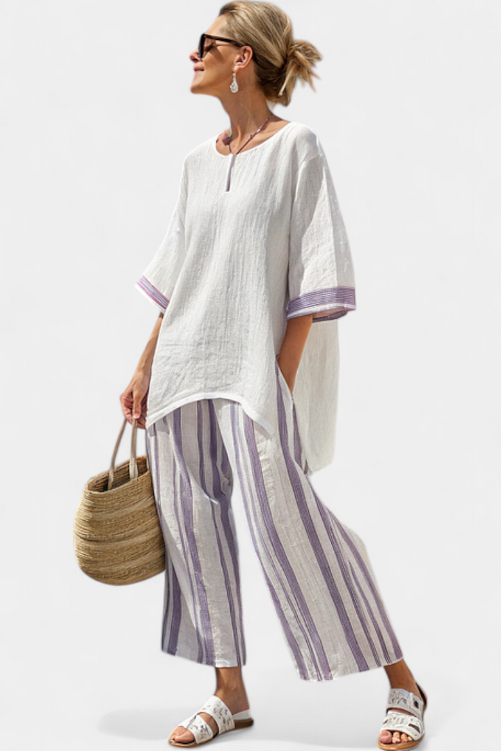 Luxmere | Women’s Relaxed Blouse with Striped Wide-Leg Trousers