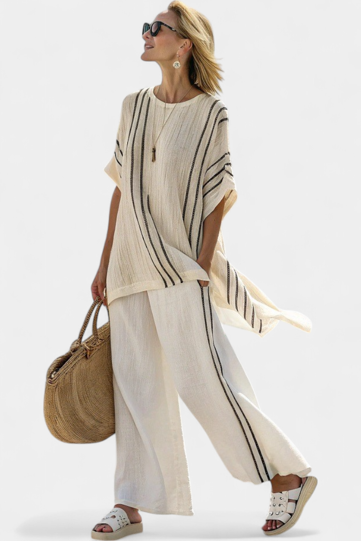 Greysen | Women’s Ivory Blouse with Black Striped Pants