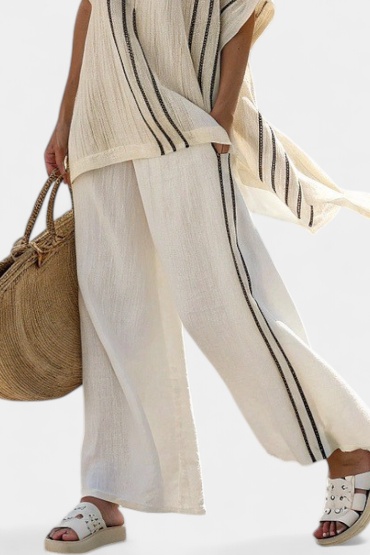 Greysen | Women’s Ivory Blouse with Black Striped Pants