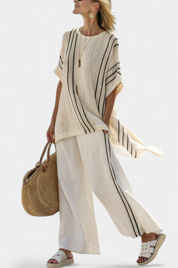 Greysen | Women’s Ivory Blouse with Black Striped Pants