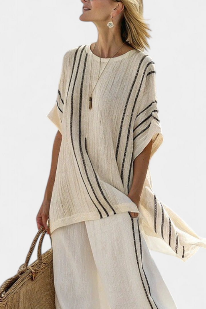 Greysen | Women’s Ivory Blouse with Black Striped Pants