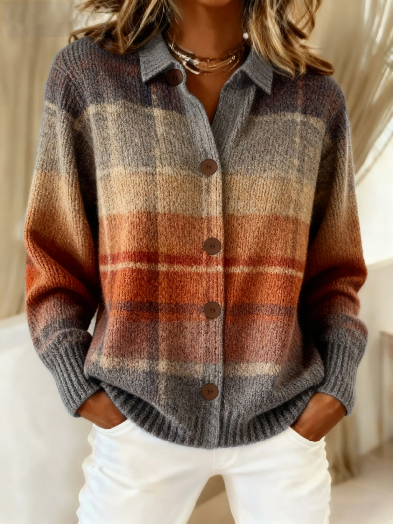 Women's Plaid Button-Down Polo Cardigan – Oversized Collared Knit Sweater