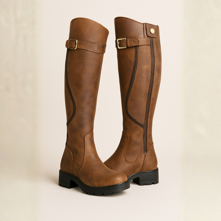 Women’s Knee-High Boots with Gold Buckles