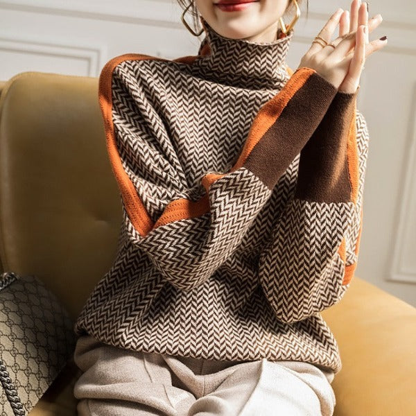 Miren | Women’s Chevron Knit Sweater with High Collar