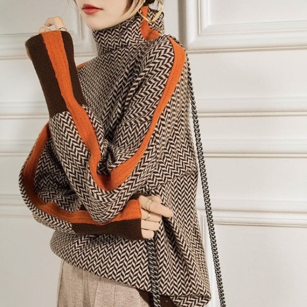 Miren | Women’s Chevron Knit Sweater with High Collar