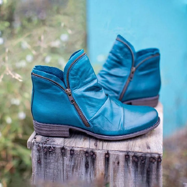 Women's Teal Leather Ankle Boots – Casual Slouchy Low Heel Booties
