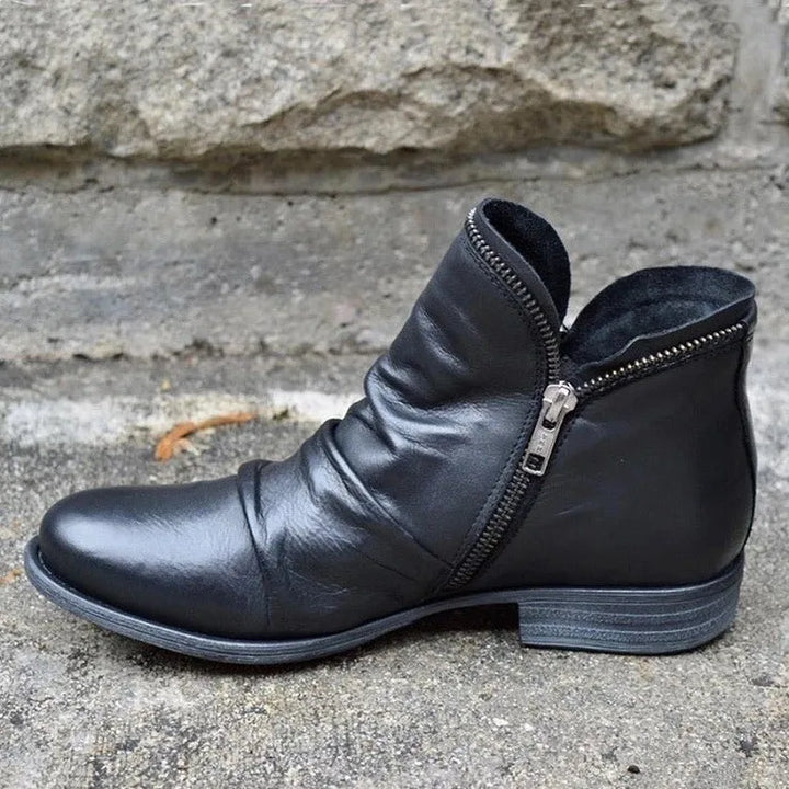 Women's Teal Leather Ankle Boots – Casual Slouchy Low Heel Booties