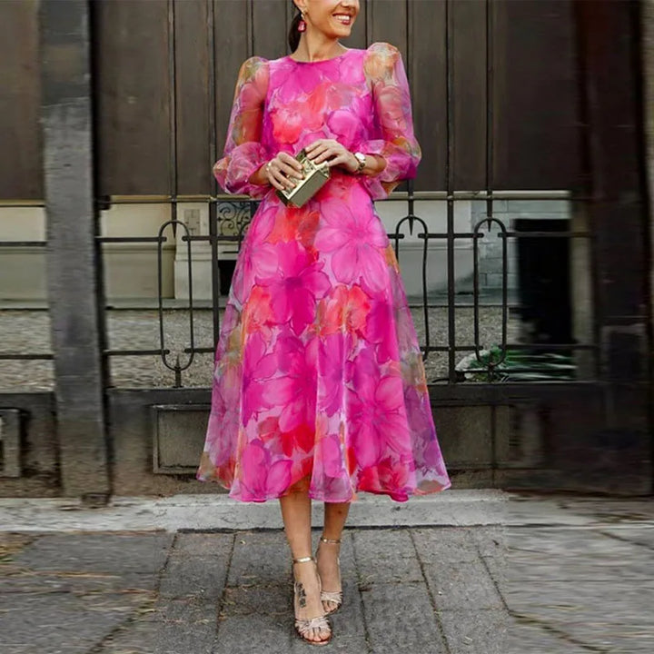 Women’s Floral Midi Dress with Sheer Sleeves