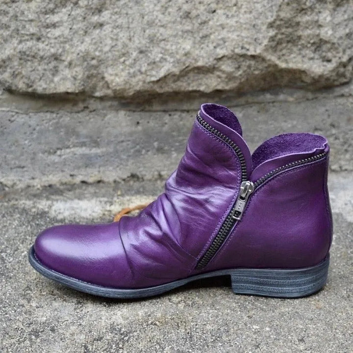 Women's Teal Leather Ankle Boots – Casual Slouchy Low Heel Booties
