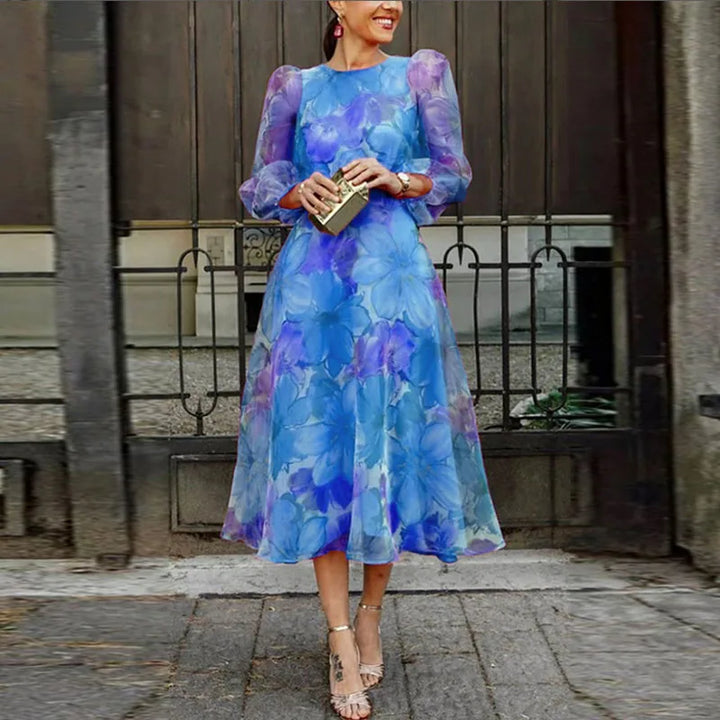 Women’s Floral Midi Dress with Sheer Sleeves