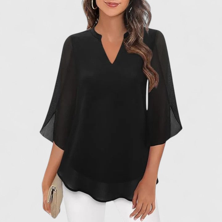 Women's V-Neck Chiffon Blouse – 3/4 Split Bell Sleeve Casual Tunic Top