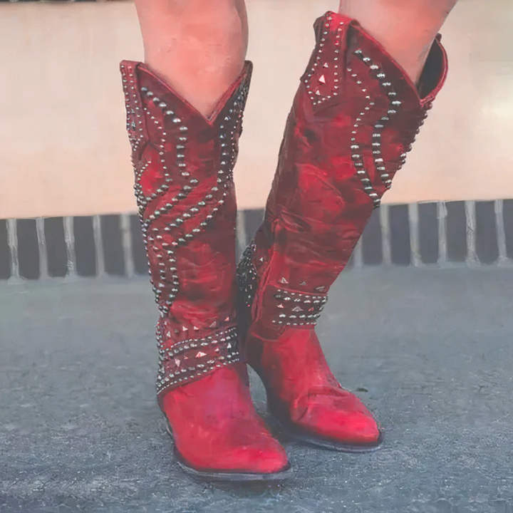 Women's Distressed Leather Studded Cowboy Boots