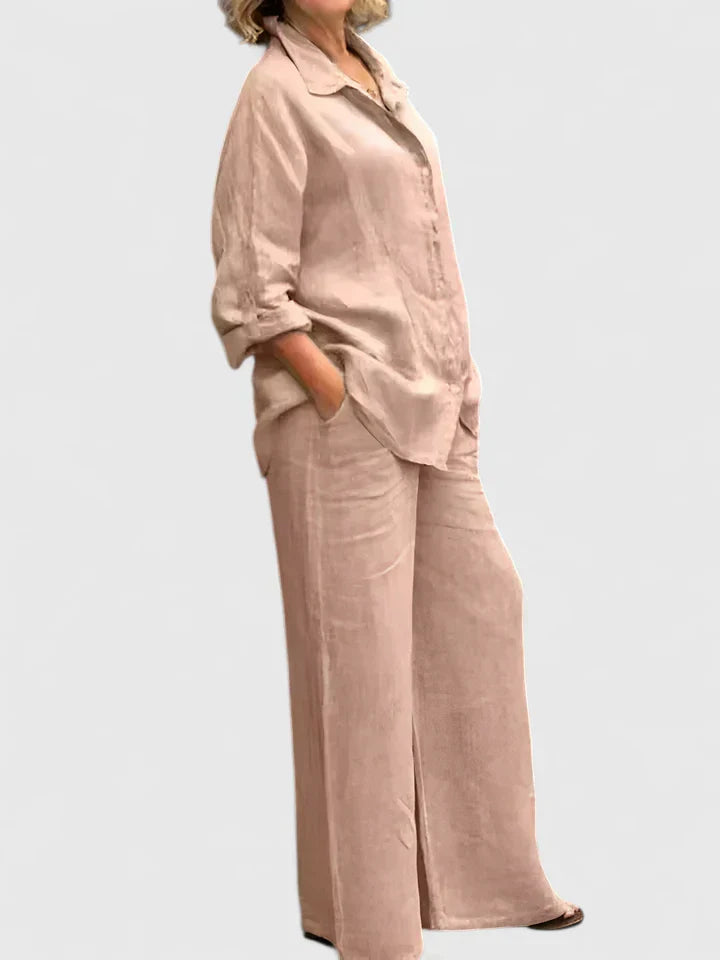 Women's 2-Piece Linen Set - Oversized Button-Down Shirt & Wide-Leg Pants