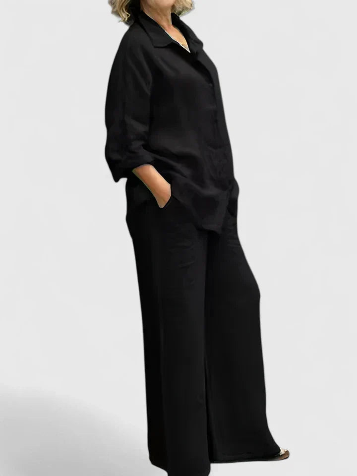 Women's 2-Piece Linen Set - Oversized Button-Down Shirt & Wide-Leg Pants