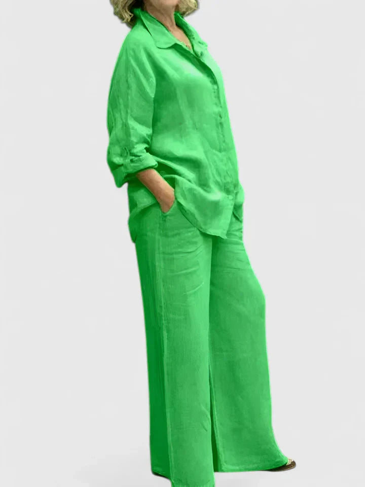 Women's 2-Piece Linen Set - Oversized Button-Down Shirt & Wide-Leg Pants