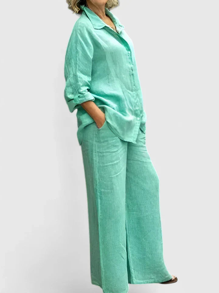 Women's 2-Piece Linen Set - Oversized Button-Down Shirt & Wide-Leg Pants
