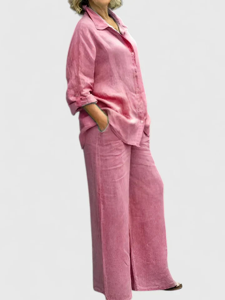 Women's 2-Piece Linen Set - Oversized Button-Down Shirt & Wide-Leg Pants