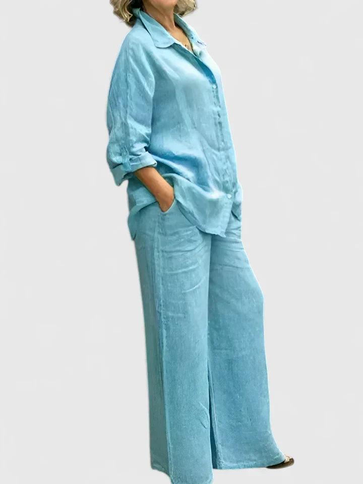 Women's 2-Piece Linen Set - Oversized Button-Down Shirt & Wide-Leg Pants