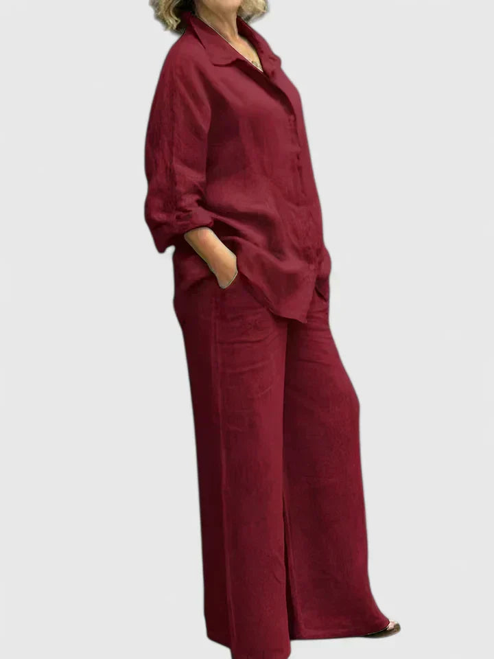 Women's 2-Piece Linen Set - Oversized Button-Down Shirt & Wide-Leg Pants