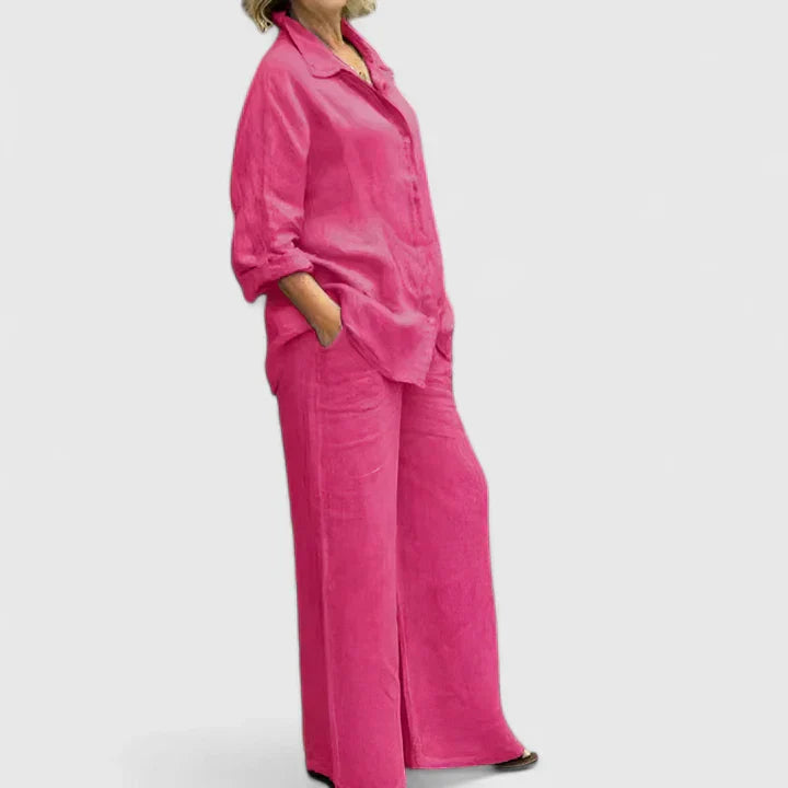 Women's 2-Piece Linen Set - Oversized Button-Down Shirt & Wide-Leg Pants