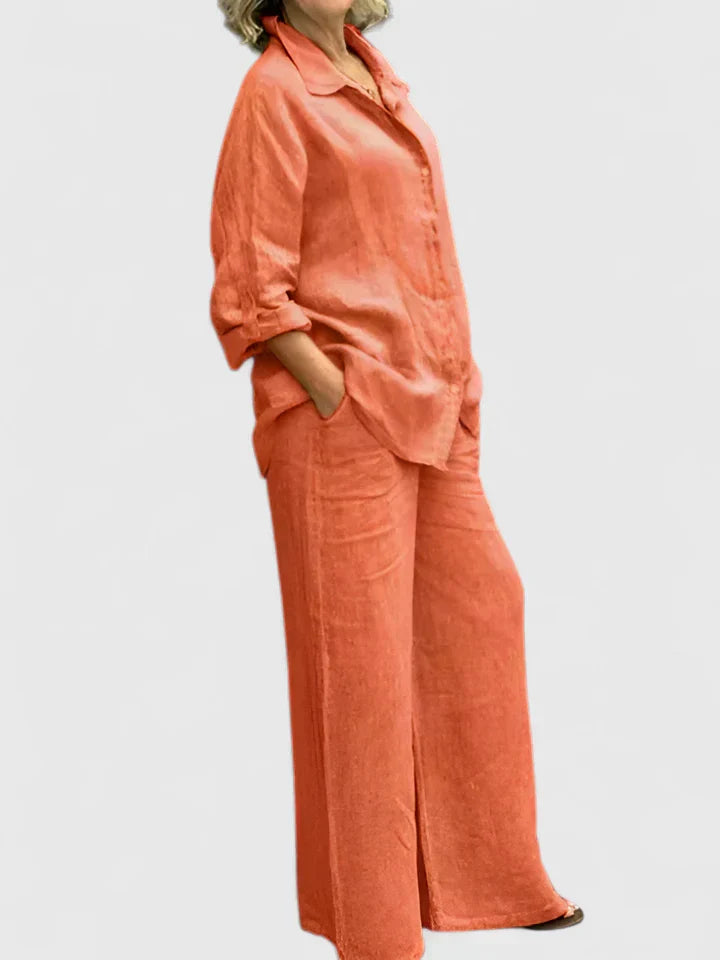 Women's 2-Piece Linen Set - Oversized Button-Down Shirt & Wide-Leg Pants