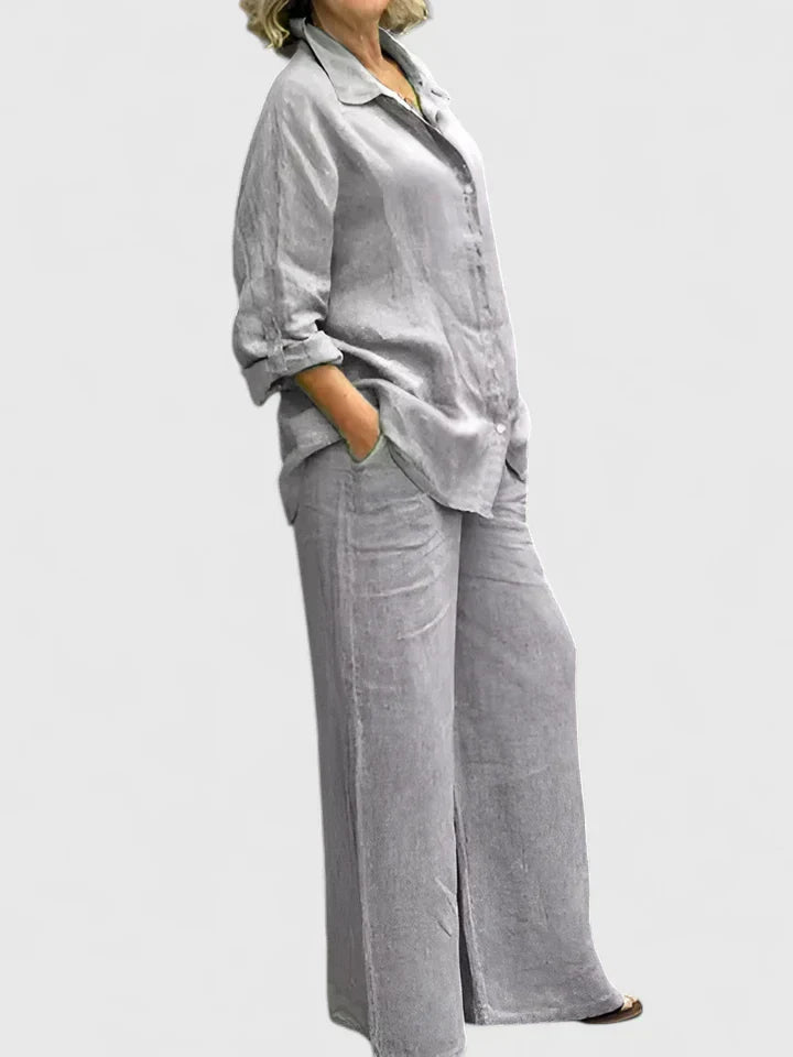 Women's 2-Piece Linen Set - Oversized Button-Down Shirt & Wide-Leg Pants