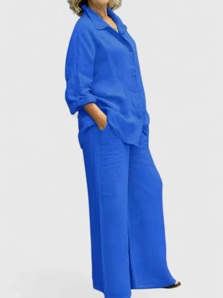 Women's 2-Piece Linen Set - Oversized Button-Down Shirt & Wide-Leg Pants