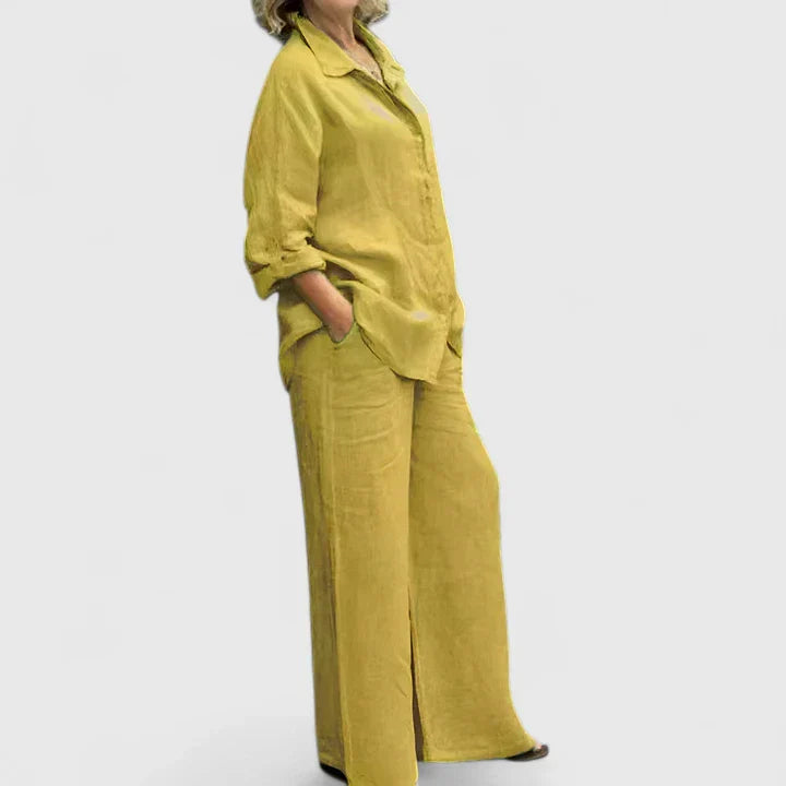 Women's 2-Piece Linen Set - Oversized Button-Down Shirt & Wide-Leg Pants