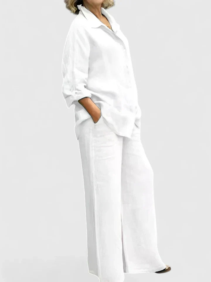 Women's 2-Piece Linen Set - Oversized Button-Down Shirt & Wide-Leg Pants
