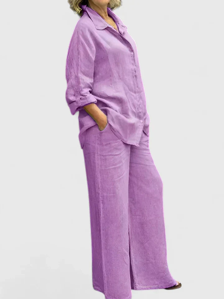 Women's 2-Piece Linen Set - Oversized Button-Down Shirt & Wide-Leg Pants