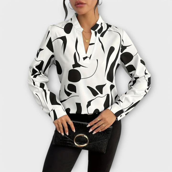 Women's Abstract Graphic Print V-Neck Blouse - Long Sleeve Casual Top