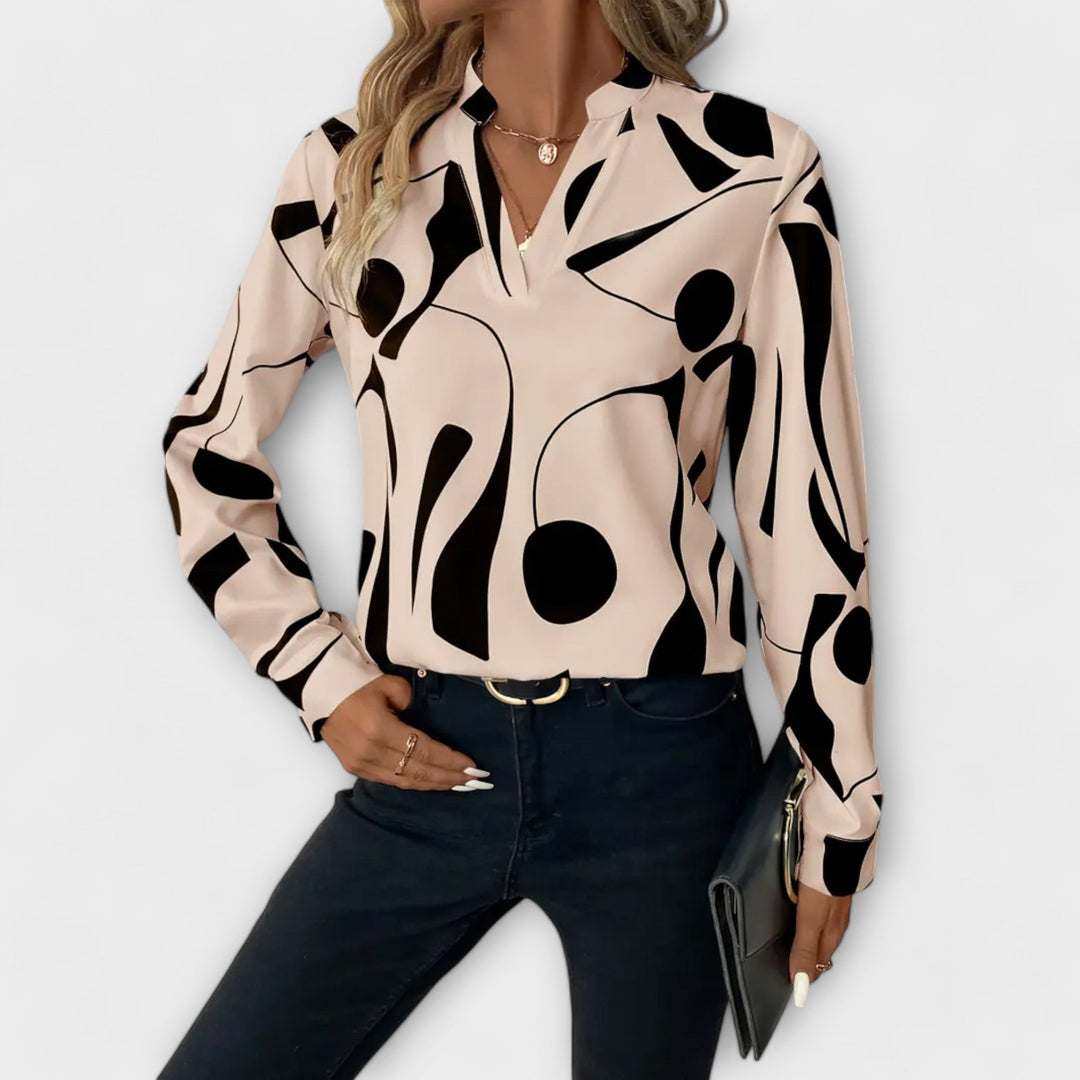Women's Abstract Graphic Print V-Neck Blouse - Long Sleeve Casual Top
