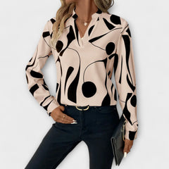 Women's Abstract Graphic Print V-Neck Blouse - Long Sleeve Casual Top
