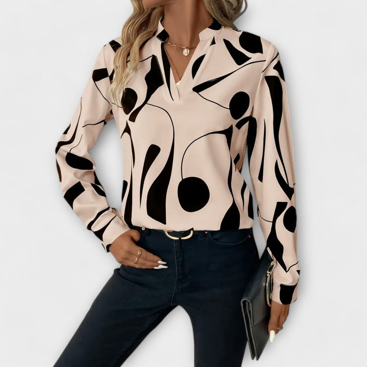 Women's Abstract Graphic Print V-Neck Blouse - Long Sleeve Casual Top