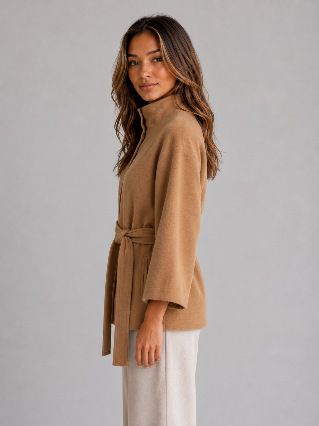 Women's Belted Cape Jacket with Stand Collar