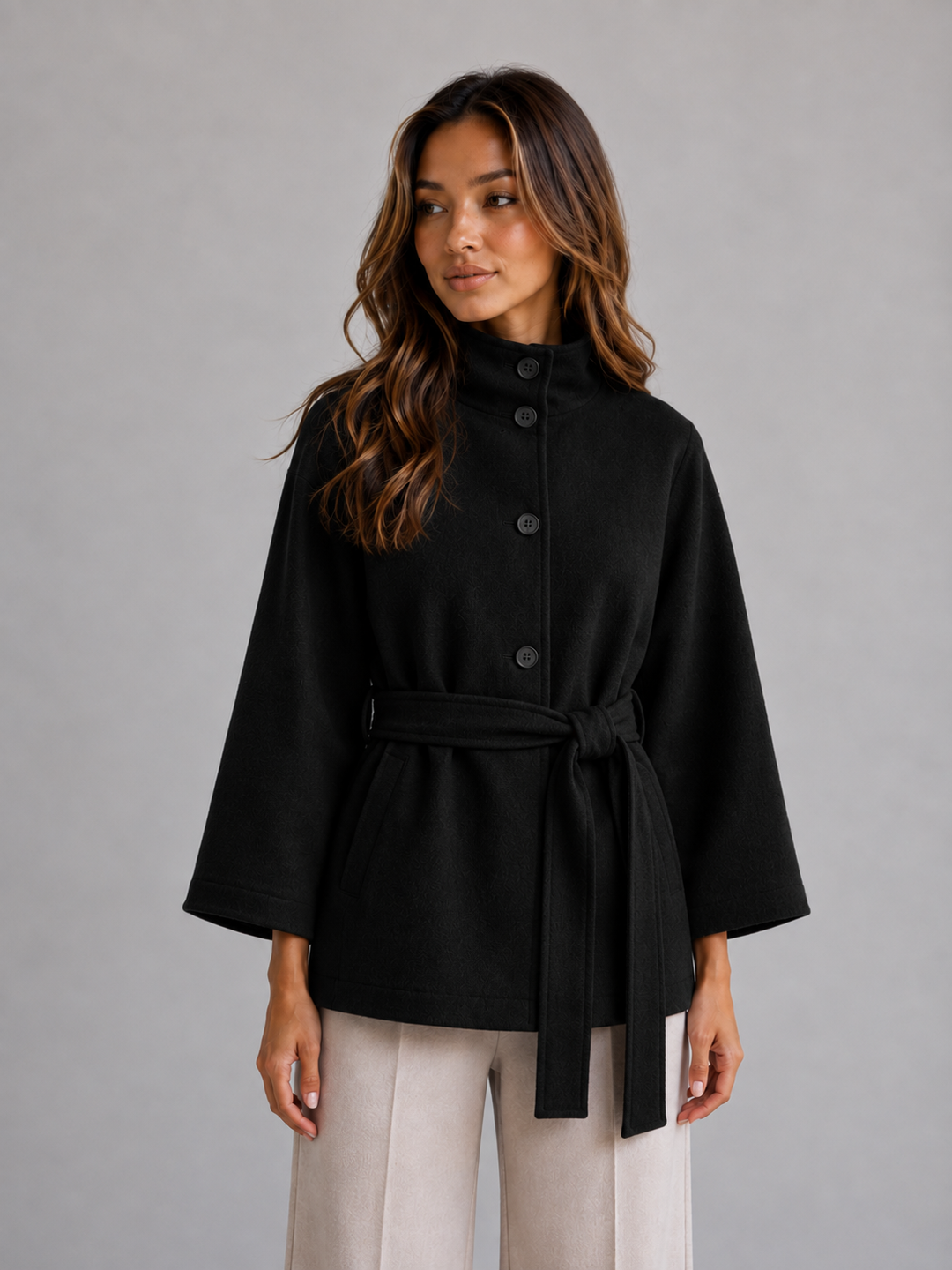 Women's Belted Cape Jacket with Stand Collar