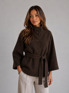 Women's Belted Cape Jacket with Stand Collar