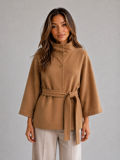 Women's Belted Cape Jacket with Stand Collar