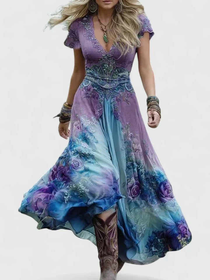 Women's Boho Floral Maxi Dress - Floral Pattern