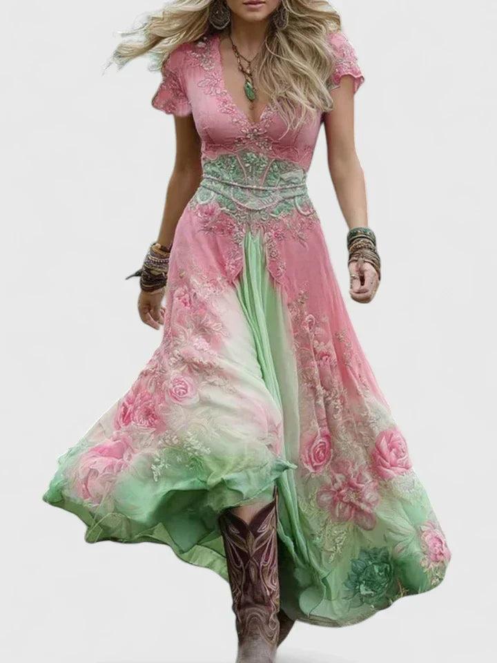 Women's Boho Floral Maxi Dress - Floral Pattern