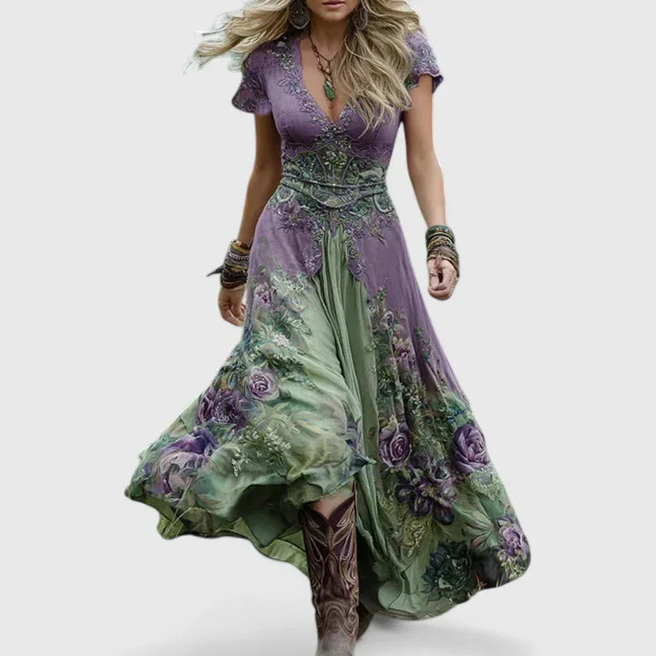Women's Boho Floral Maxi Dress - Floral Pattern
