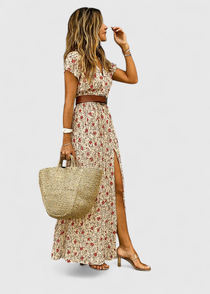 Women’s Boho Maxi Dress - Waist Tie